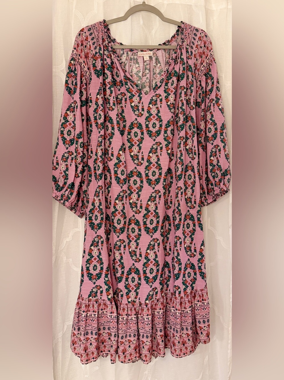 Knox Rose 3X Pink Boho Floral Tie Waist Peasant Dress Plus Size - Picture 3 of 12